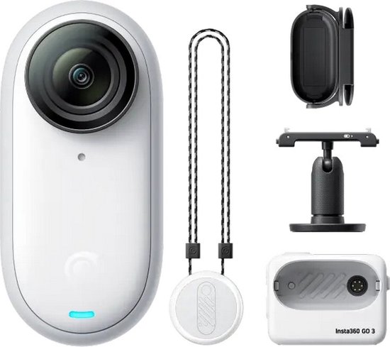 Witte Insta360 GO 3 camera, magnetische hanger, standaard en houder.
