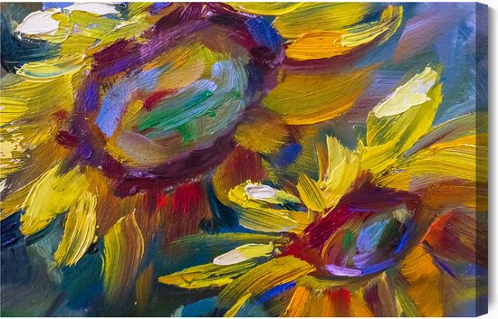 Schilderijkoning - Canvas Schilderij Kleurrijke Zonnebloemen Zoals Geschilderd - 30 x 20 cm