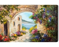 Schilderijkoning - Canvas Schilderij Huis Aan Zee En Bloemen - 30 x 20 cm