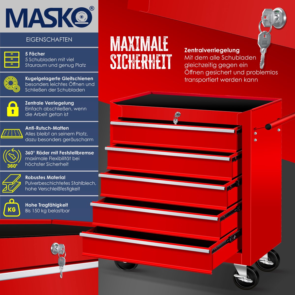 DURHAND Workshop trolley tool cabinet tool box with 5 drawers 360° rotating wheels metal 52.5 x 28 x 104.5 cm