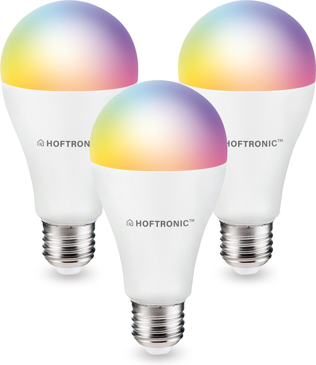 HOFTRONIC SMART 3x Hoftronic Smart - E27 smart lamp - LED - Besturing via app - WiFi - Bluetooth - Dimbaar - Slimme verlichting - A65 - 14 Watt - 1400 lumen - 230V - 2700-6000K - RGBWW - 16.5 miljoen kleuren - Grote fitting - Compatibel met alle smart assistenten