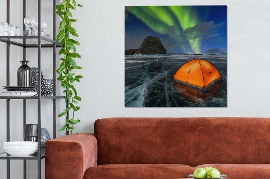 Tableau sur toile Aurores Boréales - Tente - Glace - Scandinavie - 90x90 cm - Décoration murale