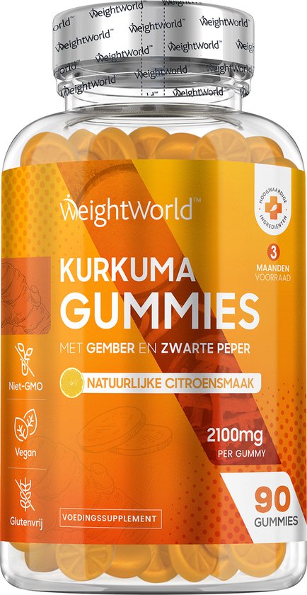 WeightWorld Kurkuma Gummies - Met Gember en Zwarte Peper - 2000 mg - 90 gummies voor 3 maanden - Citroensmaak