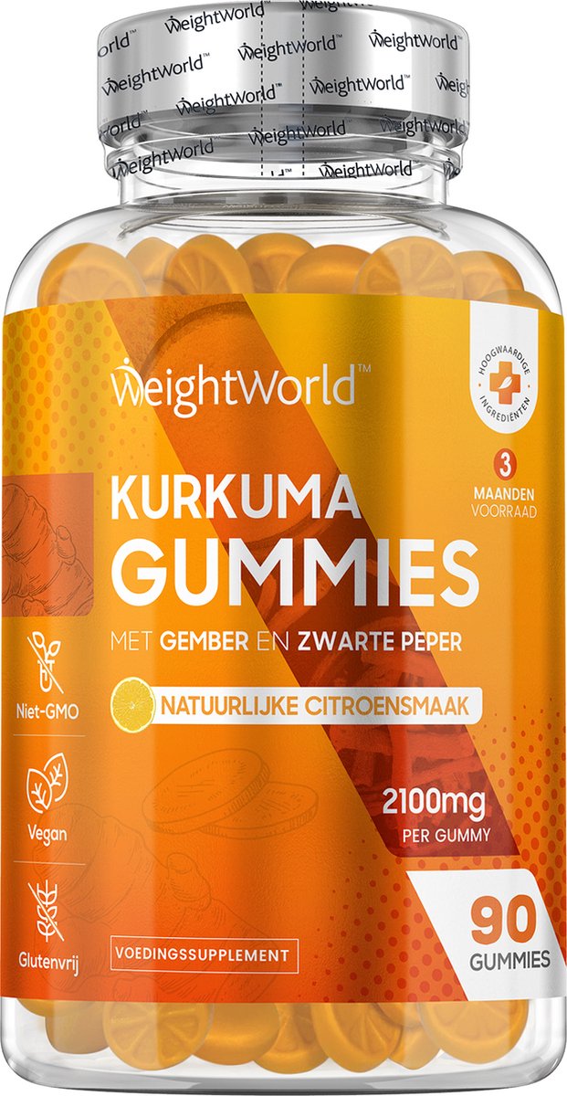 Goedkoopste WeightWorld Kurkuma gummies - Met Gember en Zwarte Peper - 2000 mg - 90 gummies voor 3 maanden - Citroensmaak