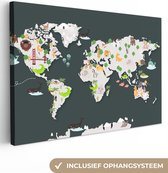 Canvas Wereldkaart - 140x90 - Wanddecoratie Wereldkaart - Dieren - Grijs