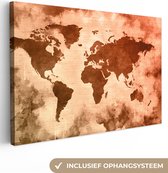 Canvas Wereldkaart - 90x60 - Wanddecoratie Wereldkaart - Rood - Bruin