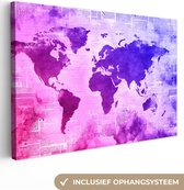 Canvas Wereldkaart - 30x20 - Wanddecoratie Wereldkaart - Roze - Blauw