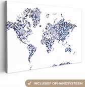 Canvas Wereldkaart - 30x20 - Wanddecoratie Wereldkaart - Delfts Blauw - Wit