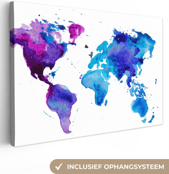 Wereldkaart aquarel blauw lila canvas | Wereldkaart Canvas Schilderij