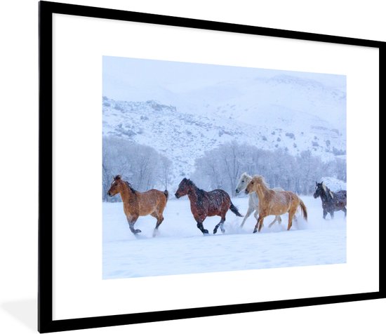 Fotolijst incl. Poster - Paarden - Sneeuw - Winter - 80x60 cm - Posterlijst