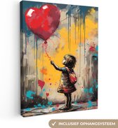 Canvas Schilderij Meisje - Ballon - Hart - Graffiti - 90x120 cm - Wanddecoratie