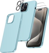 Hoesje Geschikt voor iPhone 15 Pro – Zacht siliconen liquid backcover met 2x screenprotector gehard glas en 1x lens protector – Mint Groen