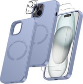 Hoesje Geschikt voor iPhone 15 Plus Silicone backcover met Magnetisch Ring incl 2x gehard glazen screenprotector & 1x cameraLens protector – Licht Blauw