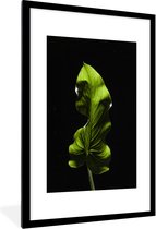 Fotolijst incl. Poster - Een groen blad op zwarte een achtergrond - 80x120 cm - Posterlijst