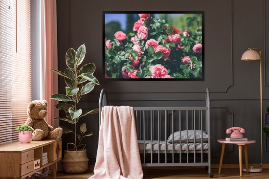 Photo en cadre - Belle rose rose en cadre photo jardin d'été noir 120x80 cm - Affiche sous cadre (Décoration murale salon / chambre)