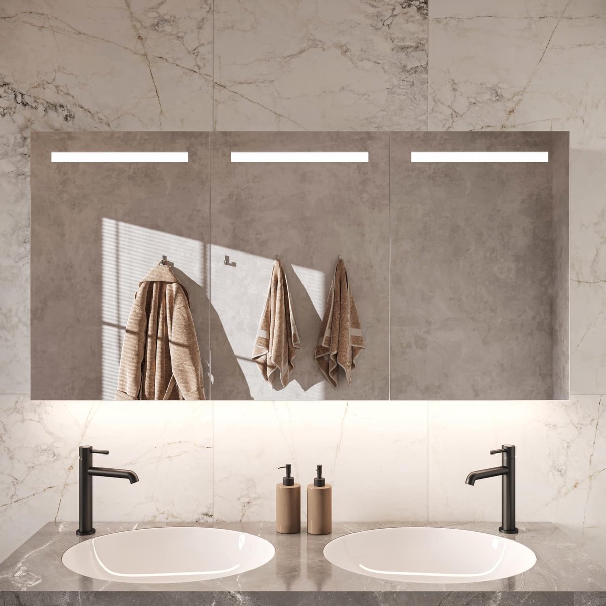 Aluminium badkamer spiegelkast met directe verlichting boven en indirecte verlichting onder, spiegelverwarming, stopcontact inclusief USB, make-up spiegel en sensor schakelaar 140×70 cm