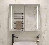 Aluminium badkamer spiegelkast met directe verlichting links en rechts, spiegelverwarming, stopcontact inclusief USB, make-up spiegel en sensor schakelaar 80×70 cm