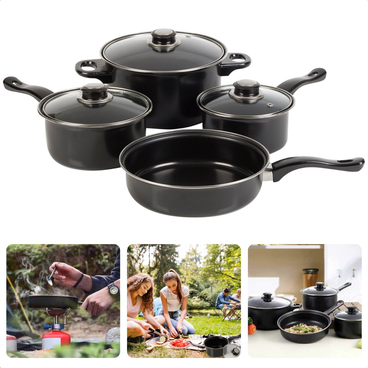 Cheqo® Outdoor Campingpannen Set - 4 stuks - Koolstofstaal - Non-Stick Coating - Geschikt voor Gas - Ideaal voor Kamperen - Campingpan Set - Pannenset