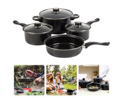 Outdoor Campingpannen Set - 4 stuks - Koolstofstaal - Non-Stick Coating - Geschikt voor Gas - Ideaal voor Kamperen - Campingpan Set - Pannenset Outdoor Campingpannen Set - 4 stuks - Koolstofstaal - Non-Stick Coating - Geschikt voor Gas - Ideaal voor Kamperen - Campingpan Set - Pannenset
