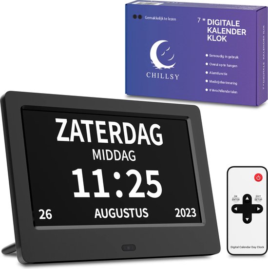 Chillsy Digitale Dementieklok - Kalenderklok voor Ouderen - Alarmfunctie - 7 Inch - Alzheimer