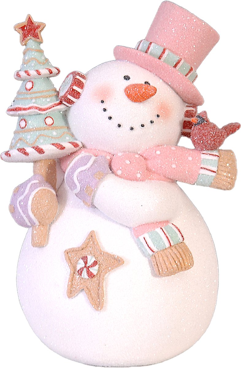 Viv! Christmas Kerstbeeld - Sneeuwpop met Kerstboom - pastel - roze wit -  21cm | bol.com