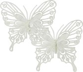 Decoris decoratie vlinders op clip - 2x - wit - 13 cm