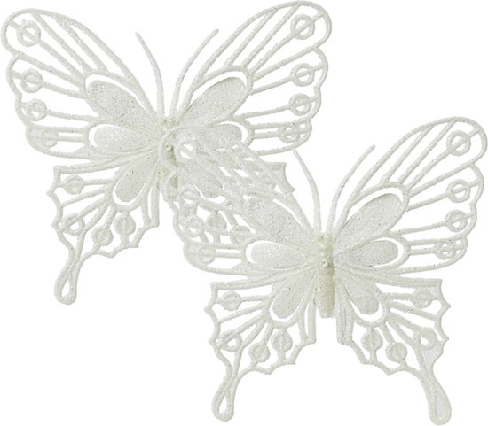 Decoris decoratie vlinders op clip - 2x - wit - 13 cm