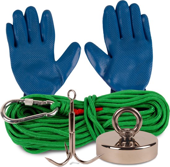 WILLSTORE® Magneetvissen starterspakket - Vismagneet set- Neodymium - 20M Touw -Handschoenen - Schroefdraadborgmiddel - Karabijnhaak -300kg