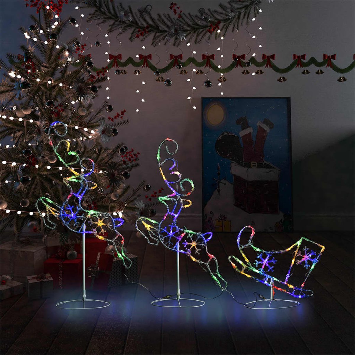Rendier - Kerstdecoratie - Kerstboom - Rendieren met slee - 260x21x87 cm - Meerkleurig