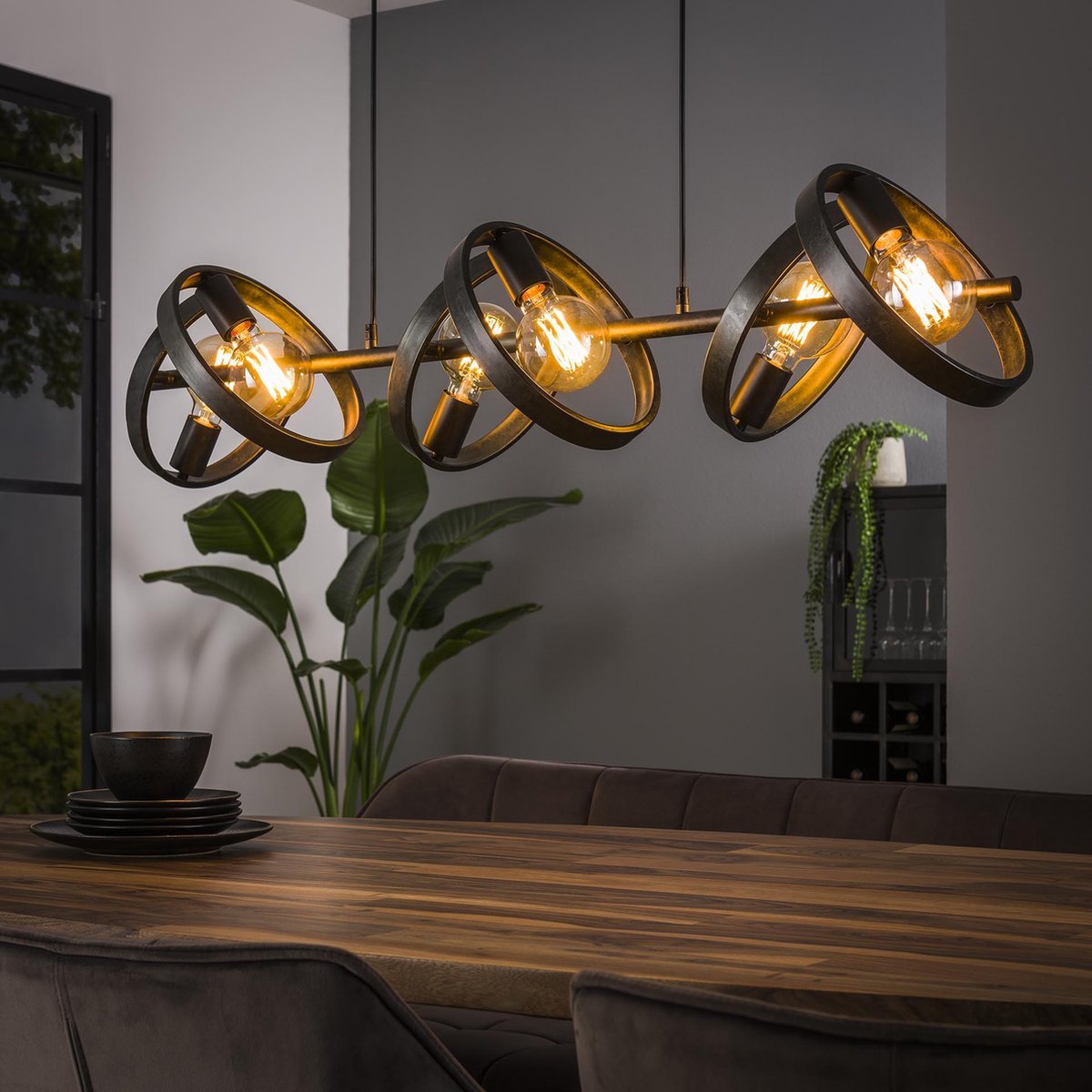 Verstelbare landelijke hanglamp Hover | 6 lichts | charcoal / grijs / zwart | metaal | 120 x 150 cm | Ø 26 cm | eetkamer / eettafel lamp | modern / sfeervol design