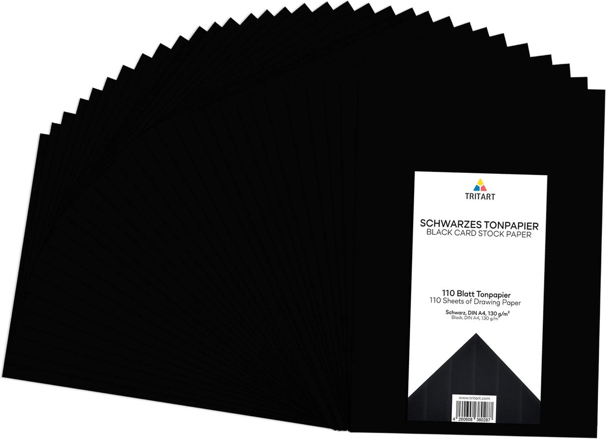 Tritart - Gekleurd papier zwart A4 130 g/m² I 110 vellen stevig knutselpapier hoogwaardig I stabiel creatief tekenpapier voor knutselen en schilderen I stevig tekenpapier I DIY gekleurd tekenpapier zwart