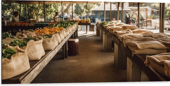 Dibond - Markt - Groente - Fruit - Zakken - Mensen - 100x50 cm Foto op Aluminium (Met Ophangsysteem)