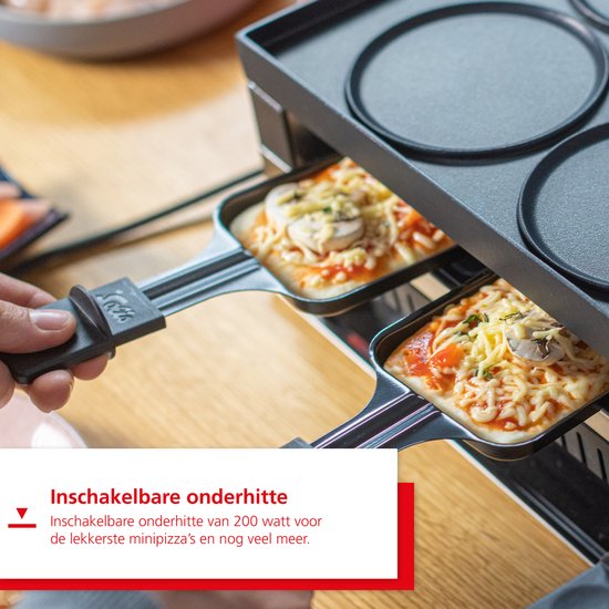 Twee pannetjes met minipizza's worden met de hand in de grill geschoven. De tekst "Inschakelbare onderhitte" staat in een rood vlak.