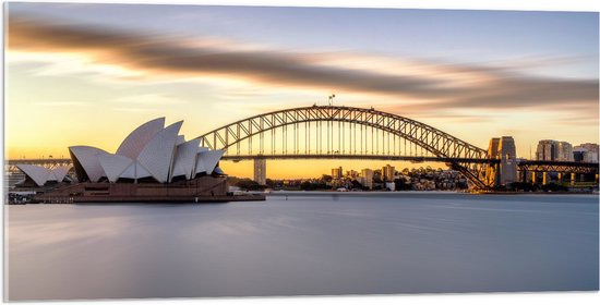 Acrylglas - Zonsondergang achter de Brug in Sydney, Australië - 100x50 cm Foto op Acrylglas (Met Ophangsysteem)