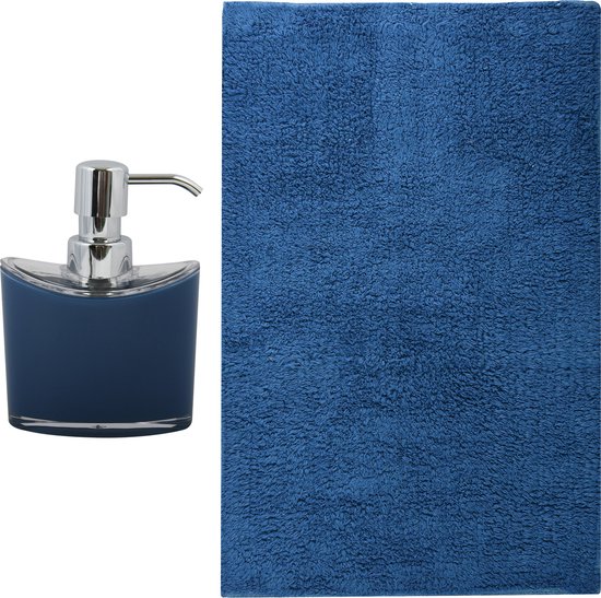 MSV badkamer droogloop mat/tapijt - Sienna - 40 x 60 cm - bijpassende kleur zeeppompje - donkerblauw
