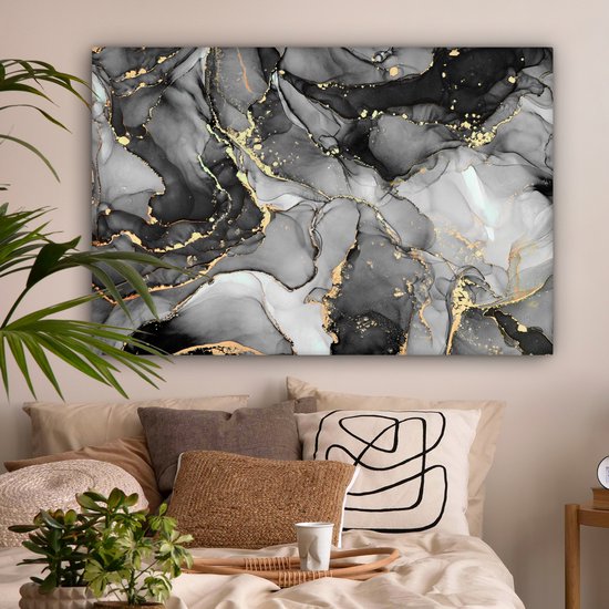 Toile Peinture Marbre - Zwart - Or - Grijs - 120x80 cm - Décoration murale