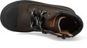 Donkerbruine leren veterboot met zwarte neus, veters met zwart-witte strepen, rits aan de zijkant en een open bovenkant.
