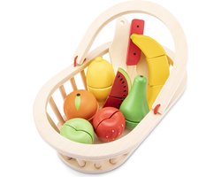 Woet® Houten Fruitmandje Speelset - Snijbaar Fruit in Mand met Snijplank - Educatief Speelgoedeten Snijset - Rollenspel Speelgoed - Vanaf 2 Jaar