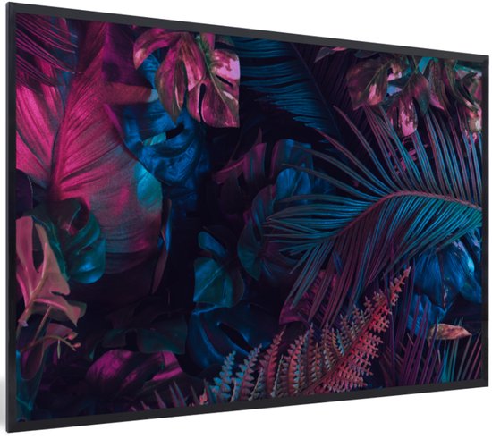 Fotolijst incl. Poster - Jungle - Bladeren - Blauw - Roze - Jongetjes - Meisjes - Kind - 90x60 cm - Posterlijst
