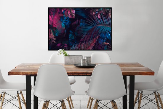 Fotolijst incl. Poster - Jungle - Bladeren - Blauw - Roze - Jongetjes - Meisjes - Kind - 90x60 cm - Posterlijst