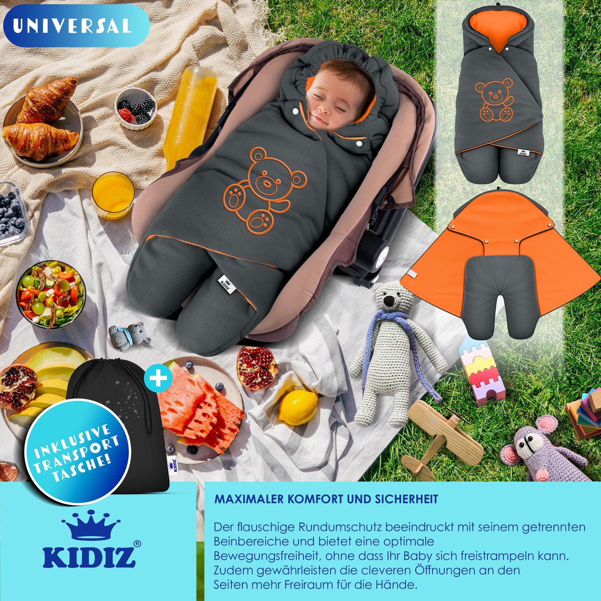 KIDIZ® Baby Slaapzak voor Buggy Voetenzak voor Autostoeltje & Wandelwagen Babyschaal, voor Winter met Kap + Babyslaapzak Deken voor Maxi-Cosi & Kinderwagen alle Gordelsystemen 3 & 5-Puntsgordel - Antraciet / Oranje – foto 2