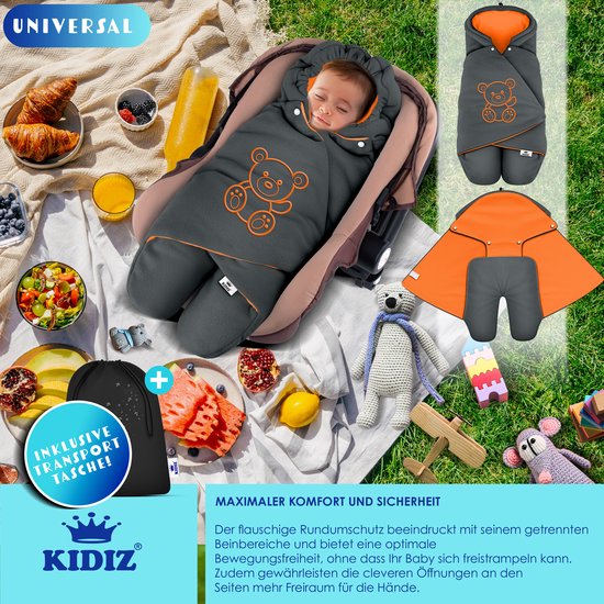 KIDIZ® Baby Slaapzak voor Buggy Voetenzak voor Autostoeltje & Wandelwagen Babyschaal, voor Winter met Kap + Babyslaapzak Deken voor Maxi-Cosi & Kinderwagen alle Gordelsystemen 3 & 5-Puntsgordel - Antraciet / Oranje van Merkloos — afbeelding 2