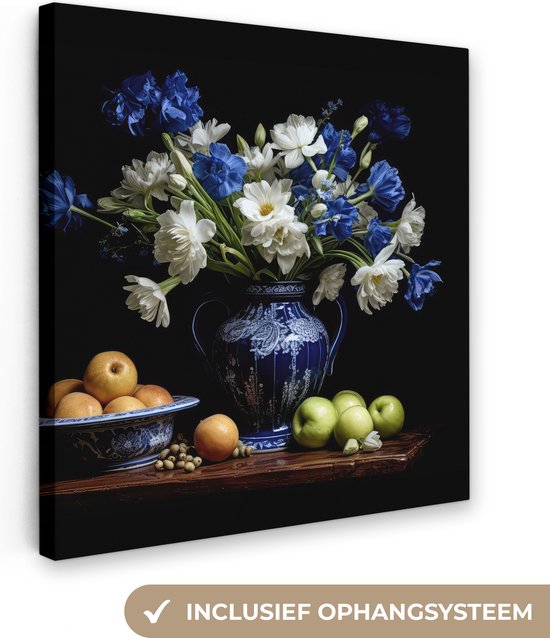 Canvas Schilderij Bloemen - Fruit - Delfts blauw - Stilleven - Hollands - 20x20 cm - Wanddecoratie