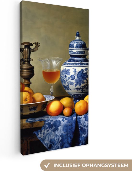 Canvas Schilderij Stilleven - Fruit - Kan - Delfts blauw - Hollands - 40x80 cm - Wanddecoratie