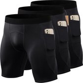 Hoogwaardige Heren Compressie Shorts - Ademend en Comfortabel - Met Zakken voor Telefoon - Ideaal voor Sport en Training - Set van 3 - Maat XL