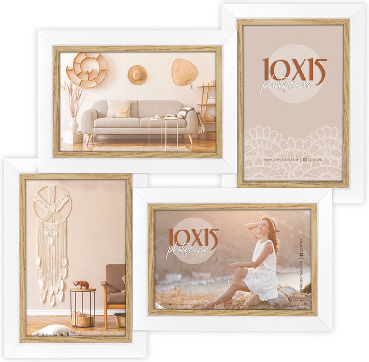 Zep Houten Multi Fotolijst wit/bruin Ayas 4Q voor 4 foto's 10x15 (afmeting 32x32 cm) - CV442