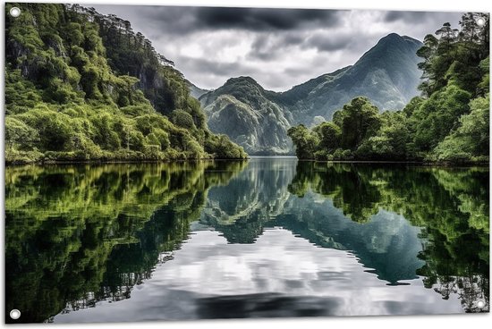 Tuinposter – Bergen - Water - Bomen - Groen - Grijs - 105x70 cm Foto op Tuinposter (wanddecoratie voor buiten en binnen)