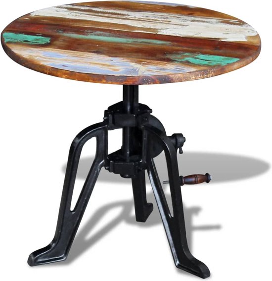 The Living Store Table d'appoint rétro - Style industriel - Hauteur réglable - Bois Massief recyclé et fonte - 60 x (42-63) cm - Handgemaakt