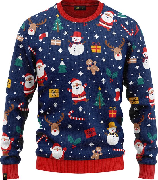 Pull de Noël bleu foncé avec imprimé intégral de pères Noël, bonshommes de neige, rennes et cadeaux, avec bordure rouge.
