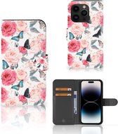 Smartphone Hoesje iPhone 15 Pro Flipcase Cadeautjes voor Moederdag Butterfly Roses
